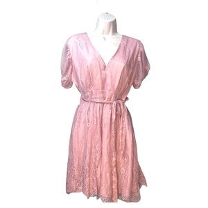 Charlotte Russe Light Pink Lace Dress Medium Belted V Neck Knee Length Prairie